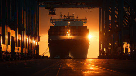 A stunning silhouette of a container ship at sunset, framed by port cranes, highlights the dynamic interplay of maritime industry and nature.の素材
