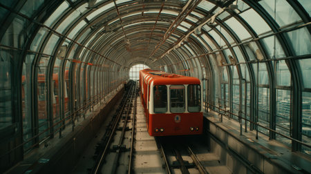 A vibrant red train moves steadily through a transparent and modern tunnel, showcasing innovative design elements typical of urban transportation.の素材