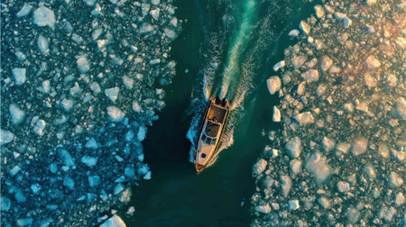 An aerial perspective captures a small boat gliding through icy waters, surrounded by floating ice, showcasing the serene beauty of the Arctic landscape.の素材