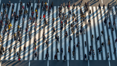 This captivating image shows a bustling urban crosswalk filled with pedestrians moving in various directions, creating a dynamic scene.の素材
