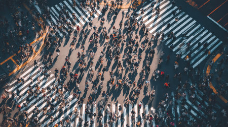 This image captures a bustling urban intersection from above, illustrating the dynamic activity of pedestrians crossing while creating striking shadows.の素材