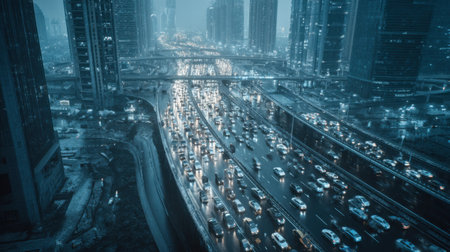A captivating night scene capturing the hustle of city traffic beneath towering skyscrapers, illuminated by bright lights and reflections.の素材