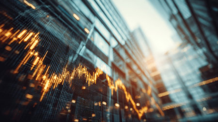 A stunning abstract representation of financial data overlaid on a cityscape, showcasing glowing graphs amid sleek skyscrapers, symbolizing growth.の素材