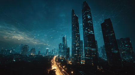 A stunning nighttime urban scene featuring illuminated skyscrapers connected by digital network lines, showcasing modern architecture and vibrant city life.の素材