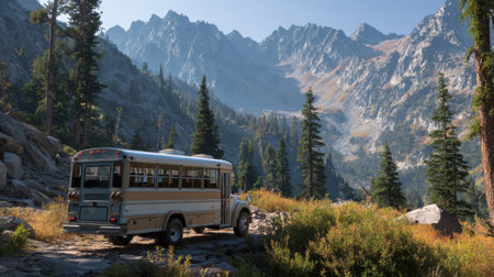 A vintage bus parked along a rocky path in a stunning mountain landscape, showcasing the beauty of nature and outdoor adventures. Ideal for travel enthusiasts.の素材