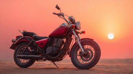 A classic motorcycle stands alone on sandy beach against a stunning sunset backdrop. The vibrant colors create a serene and adventurous atmosphere.の素材