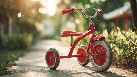 A charming vintage red tricycle stands alone on a sunlit pathway, surrounded by lush greenery, evoking feelings of childhood nostalgia and adventure.の素材