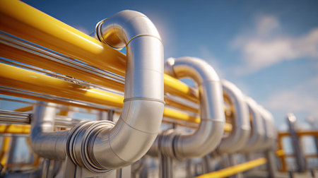 Close-up view of industrial metal pipes featuring a bright yellow coating, showcasing a modern facility environment under a clear blue sky.の素材
