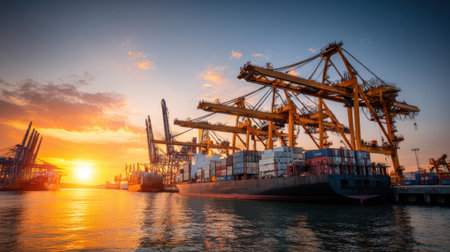 A vibrant industrial port scene featuring towering cranes and cargo containers silhouetted against a stunning sunset, reflecting on the calm water.の素材
