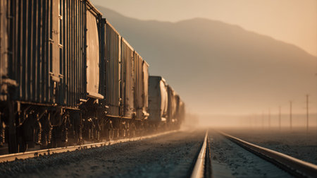 A serene view of freight train carriages resting on dusty tracks under a warm sunset. The picturesque landscape features distant mountains.の素材