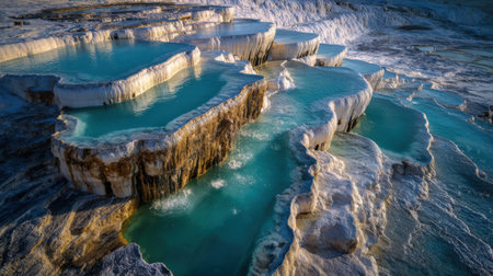 This captivating image captures the unique thermal pools of Pamukkale, Turkey, showcasing their stunning blue waters and striking natural terraces at sunset.の素材