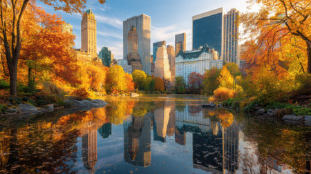 A stunning autumn scene in Central Park featuring colorful foliage reflected in serene waters, with iconic skyscrapers framing the tranquil landscape.の素材