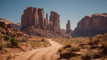 A picturesque desert landscape featuring vibrant red rock formations and a winding sandy pathway, set against a serene blue sky. Perfect for nature lovers.の素材
