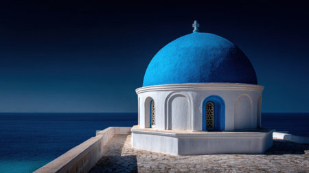 Discover the picturesque beauty of a white church with a vibrant blue dome, standing majestically over the tranquil ocean in Greece.の素材