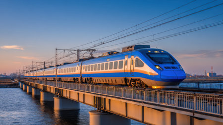 A sleek high-speed train crosses a bridge at sunset, highlighting modern transportation technology against a stunning urban backdrop.の素材