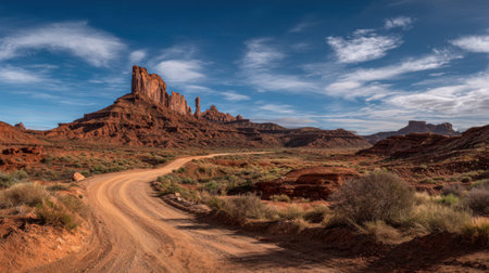 This breathtaking desert landscape features dramatic rock formations and a winding pathway, showcasing the beauty of the arid environment under a clear blue sky.の素材