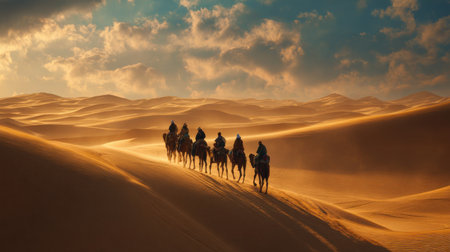 A stunning view of a caravan traversing golden sand dunes under a vibrant sky, illustrating the beauty of desert landscapes and travel adventure.の素材