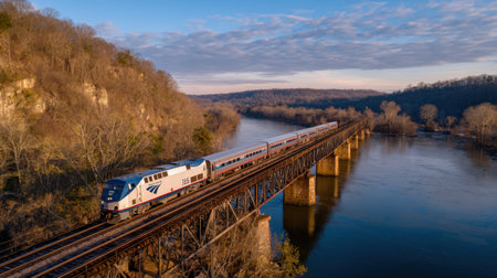 This beautiful image captures a train crossing a bridge over a river, surrounded by serene landscapes and lush forests, showcasing nature's beauty.の素材