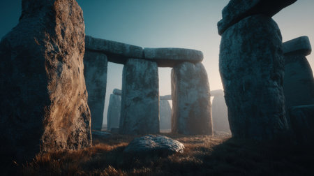 This captivating image features ancient stones shrouded in fog during sunrise, evoking a sense of mystery and tranquility within nature.の素材