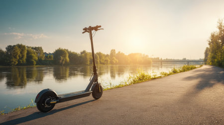 An electric scooter stands parked near a calm river during sunset, representing the fusion of technology and outdoor leisure, perfect for modern lifestyles.の素材