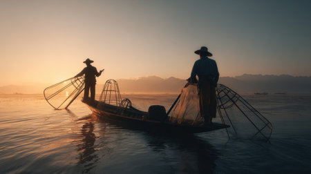 Two fishermen work together at sunset, casting their nets on a tranquil lake. The scene captures the beauty of nature and the harmony of traditional fishing practices.の素材