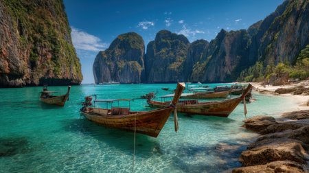 A breathtaking tropical beach scene featuring longtail boats anchored in clear turquoise water, surrounded by stunning limestone cliffs, perfect for vacation inspiration.の素材