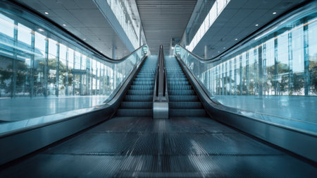 A striking view of a modern escalator situated in a well-lit indoor environment, showcasing sleek glass and steel elements, emphasizing movement and accessibility.の素材
