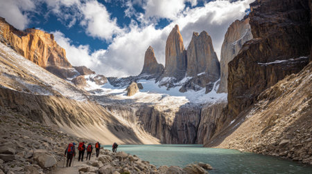 Experience the stunning beauty of Torres del Paine National Park as hikers venture along the serene lake against dramatic mountain peaks and vibrant sky.の素材