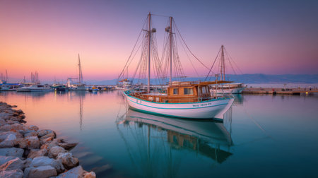 A serene view of a classic boat docked at a tranquil marina during sunset. The vibrant colors reflect beautifully on the calm water.の素材
