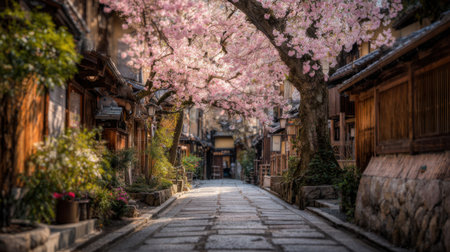 A picturesque lane in Japan enveloped by blooming cherry blossoms, featuring traditional houses and a calm atmosphere perfect for exploring.の素材