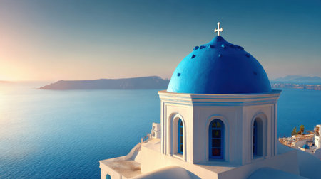 A stunning view of a blue dome church in Santorini, Greece, capturing the serene beauty of the sea and islands during sunrise.の素材