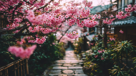 A tranquil scene featuring a stone pathway surrounded by blooming cherry blossoms, creating a serene atmosphere in a Japanese garden.の素材