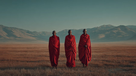 Three monks in vibrant red robes walk through a stunning landscape, surrounded by majestic mountains and a serene atmosphere under a clear sky.の素材