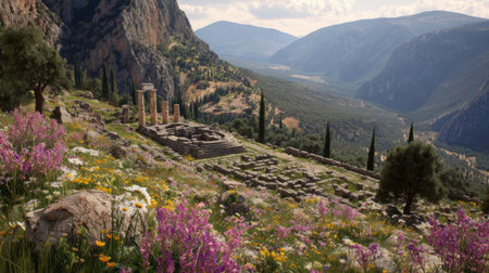 Experience the beauty of Delphi's ancient ruins set against a backdrop of lush mountains and a colorful array of wildflowers, embodying Greece's rich history.の素材