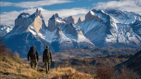 Two hikers traverse a striking landscape in Patagonia, surrounded by towering mountains and breathtaking scenery, inviting exploration and adventure.の素材