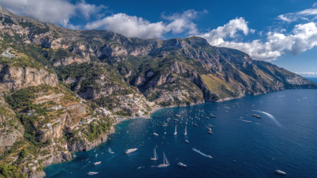 A breathtaking aerial view of the Amalfi Coast showcasing lush cliffs, tranquil waters, and numerous sailing boats under a vibrant sky.の素材