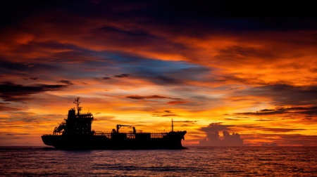 A stunning silhouette of a cargo ship gliding through calm waters at sunset, with a vibrant sky filled with colorful clouds and reflections.の素材