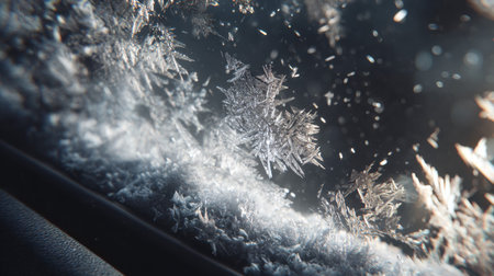 A captivating close-up image showcases intricate ice crystals on a window, revealing the delicate patterns and textures that evoke a serene winter ambiance.の素材