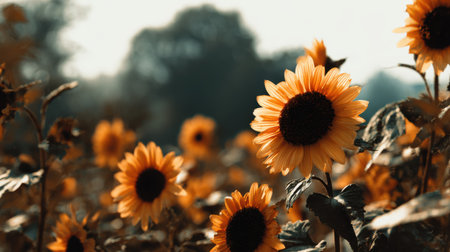 A stunning display of bright sunflowers standing tall in a lush field, basking in warm sunlight. The soft focus background enhances the tranquil atmosphere.の素材