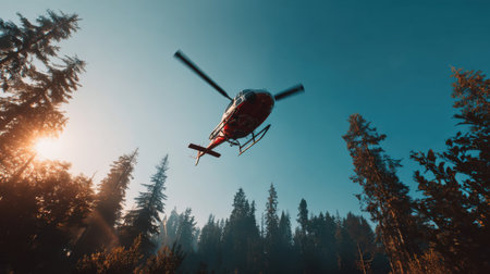 A dynamic scene featuring a helicopter flying at low altitude above a dense forest, captured during sunset, showcasing a vibrant blue sky and golden sunlight filtering through the trees.の素材