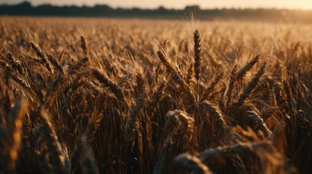 A stunning view of a golden wheat field illuminated by warm sunrise light, showcasing the natural beauty and tranquility of rural life and agriculture.の素材