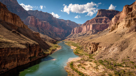 Experience the breathtaking beauty of the Grand Canyon, showcasing a river flowing through dramatic cliffs under a radiant blue sky.の素材