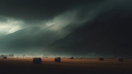 A breathtaking landscape featuring hay bales scattered across a field under an ominous sky, creating a serene yet dramatic atmosphere at dusk.の素材
