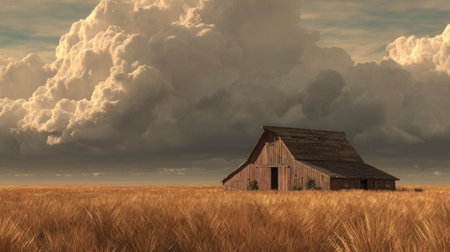 A beautiful rustic barn rests in a golden wheat field, framed by dramatic clouds in the evening sky, showcasing serene countryside beauty.の素材