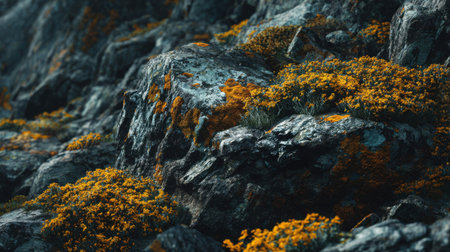 Close-up view of vibrant orange lichen growing on a grey rocky surface, capturing the intricate textures and natural beauty of the wilderness.の素材