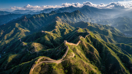 Experience the breathtaking aerial perspective of the Great Wall as it winds through lush green mountains, illuminated by soft natural light.の素材