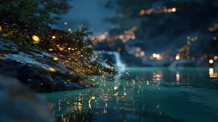 Experience the tranquility of a nighttime riverside scene with soft glowing lights, a gentle waterfall, and lush greenery creating a serene atmosphere.の素材