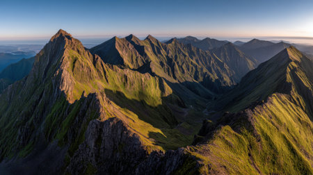 Breathtaking view of majestic mountain peaks illuminated by golden sunlight, showcasing stunning green valleys and expansive blue sky. Perfect for nature enthusiasts.の素材