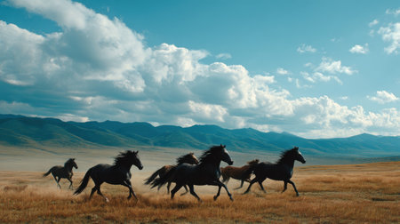 A dynamic scene of wild horses galloping across a vast meadow captured in stunning detail, showcasing the beauty of nature and freedom.の素材