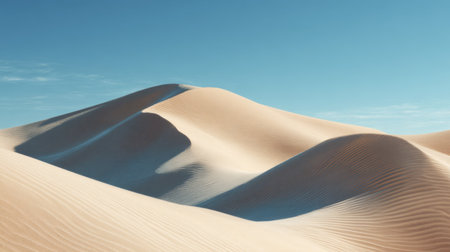 A captivating view of soft sand dunes under a clear blue sky, showcasing gentle shadows and intricate textures in a tranquil desert environment.の素材